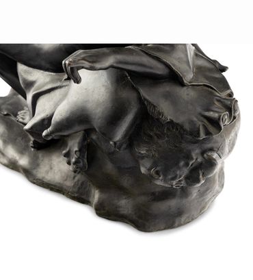 Drunken Satyr by Fonderia Giorgio Sommer, bronze sculpture, close-up of torso, drapery, and reclinin