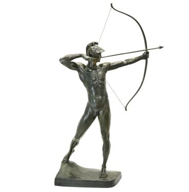 Bronze statue of a nude archer drawing a bow, wearing a helmet.