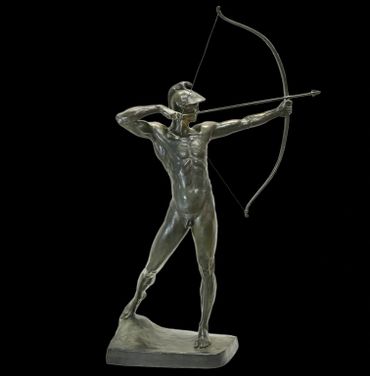 Bronze statue of a naked archer aiming with a bow and arrow.