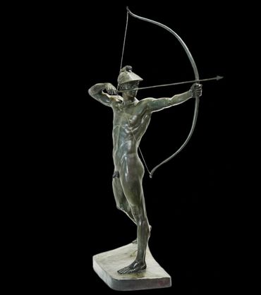 Bronze statue of a nude archer aiming an arrow, wearing a helmet.