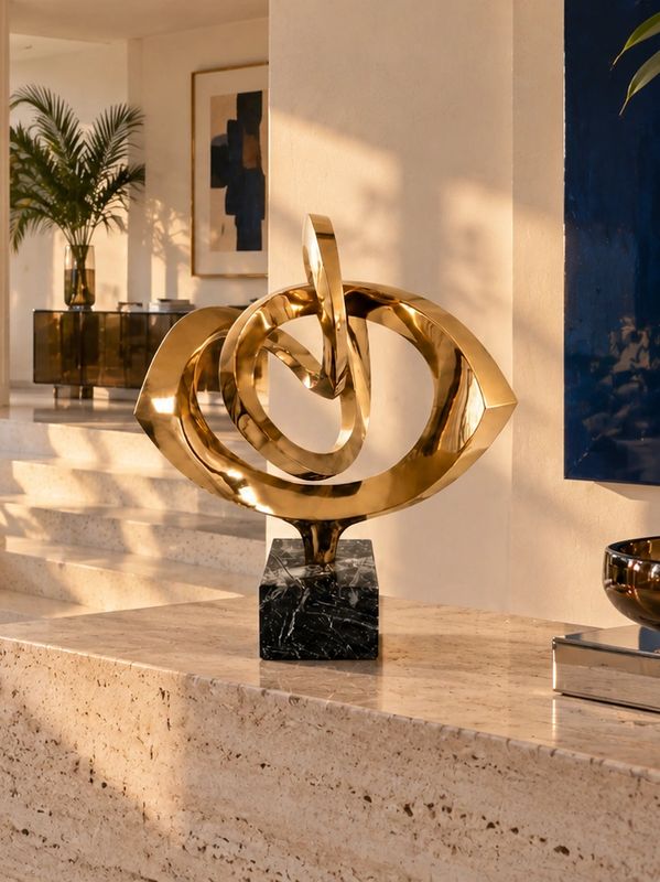 Robert Mitchell’s abstract bronze sculpture Rhythm displayed in a light-filled 1970s Palm Beach mode