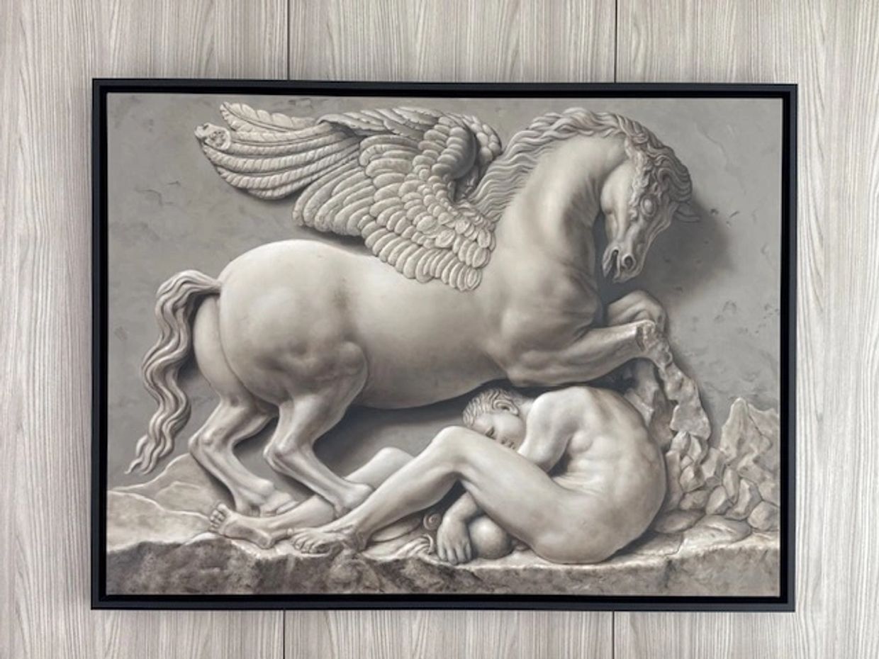 Pegasus and Bellerophon by Philip Melville Courtney, en grisaille oil painting after a 16th-century 