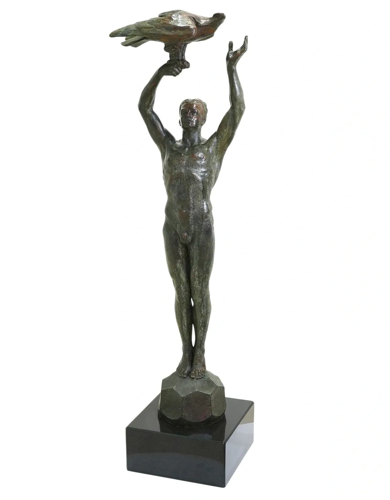 Bronze sculpture of a nude man holding a bird above his head on a geometric base.