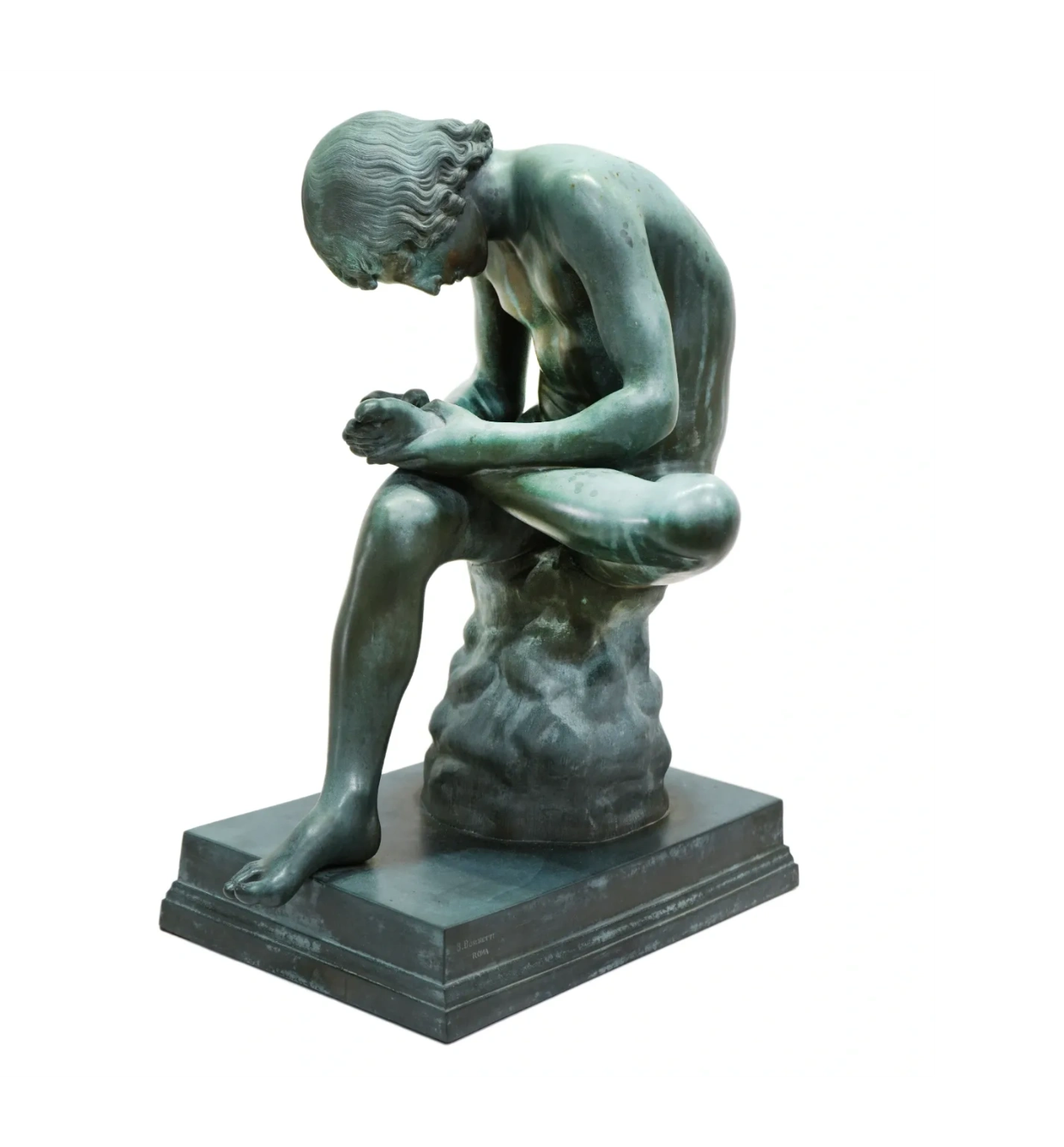 Spinario, or Boy with Thorn, bronze sculpture by Benedetto Boschetti, full seated figure view Spinar