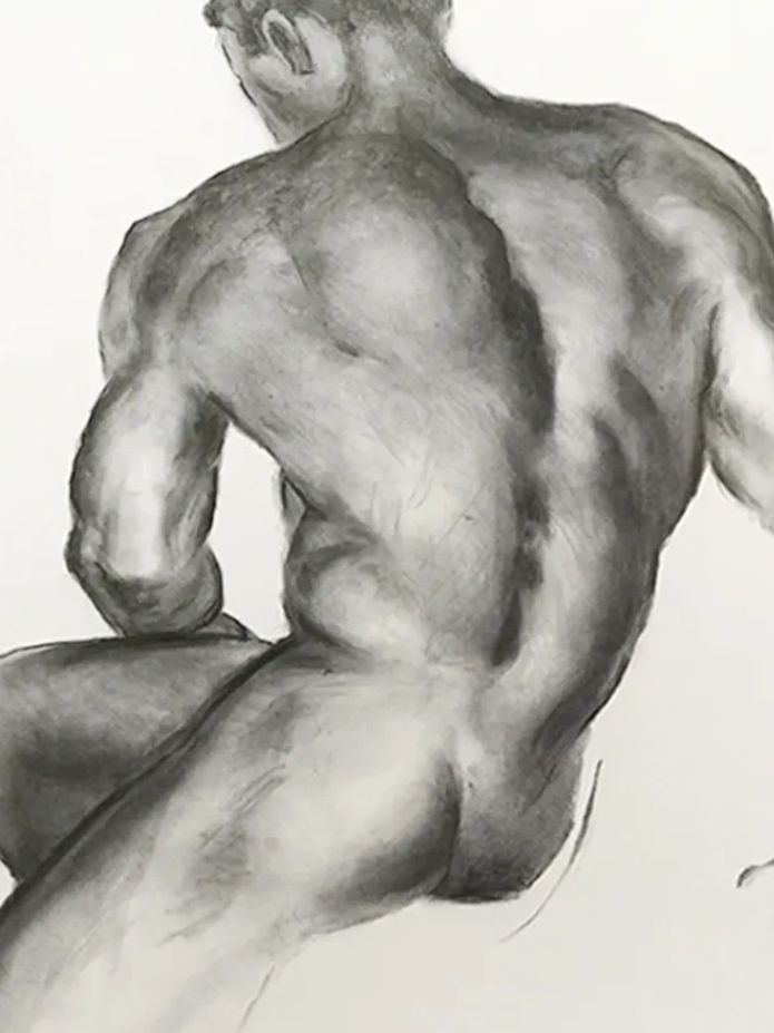 Charcoal drawing of a muscular male figure from the back, seated and leaning on one arm.