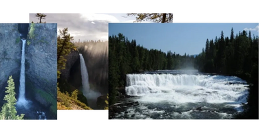 Three different waterfalls surrounded by trees and nature.