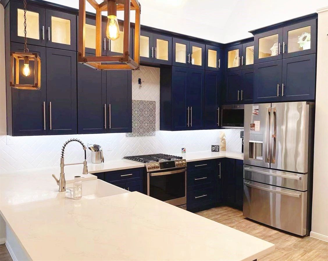 Kitchen Remodel Renovation Blue Shaker Cabinets Quartz Countertops