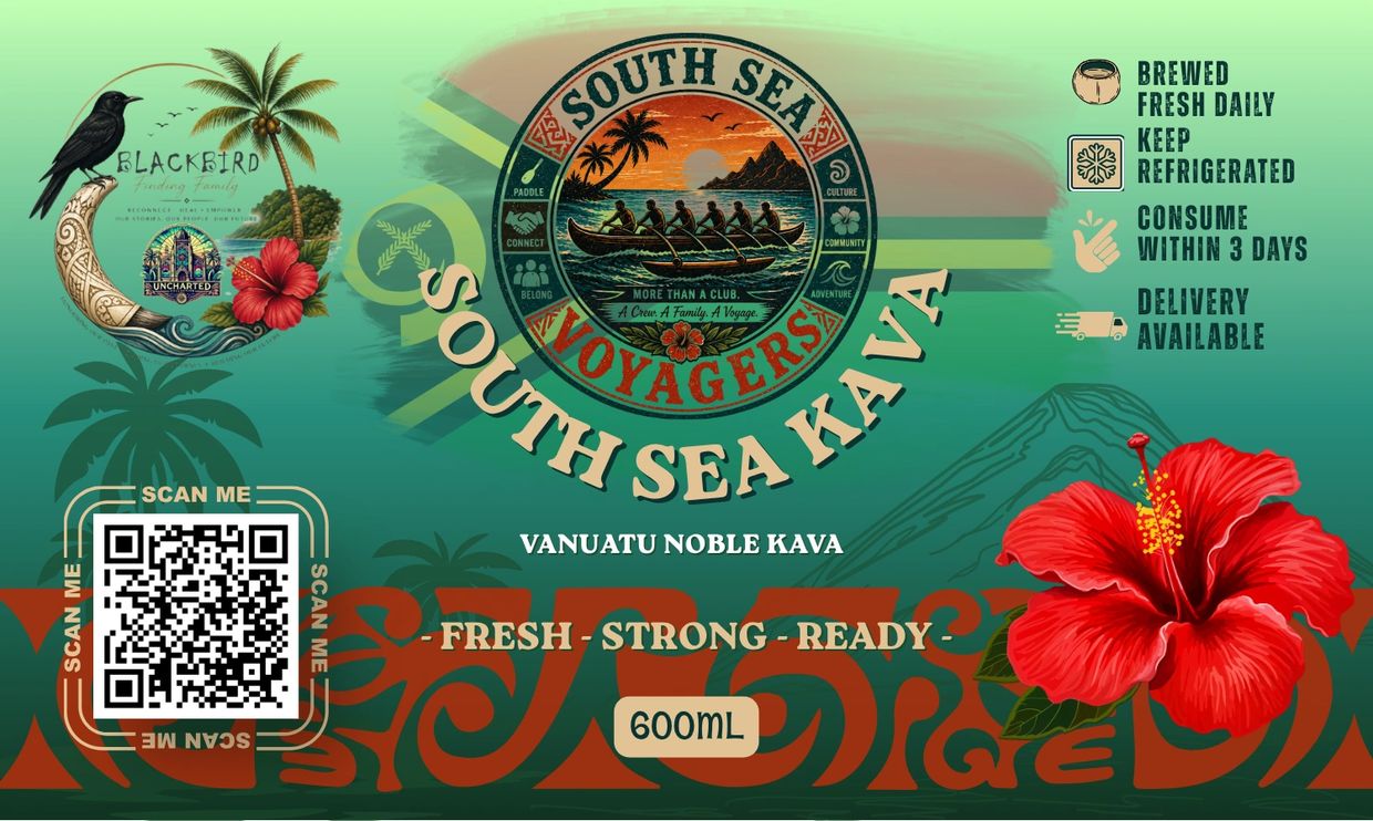 Label design for South Sea Kava with tropical and cultural motifs.