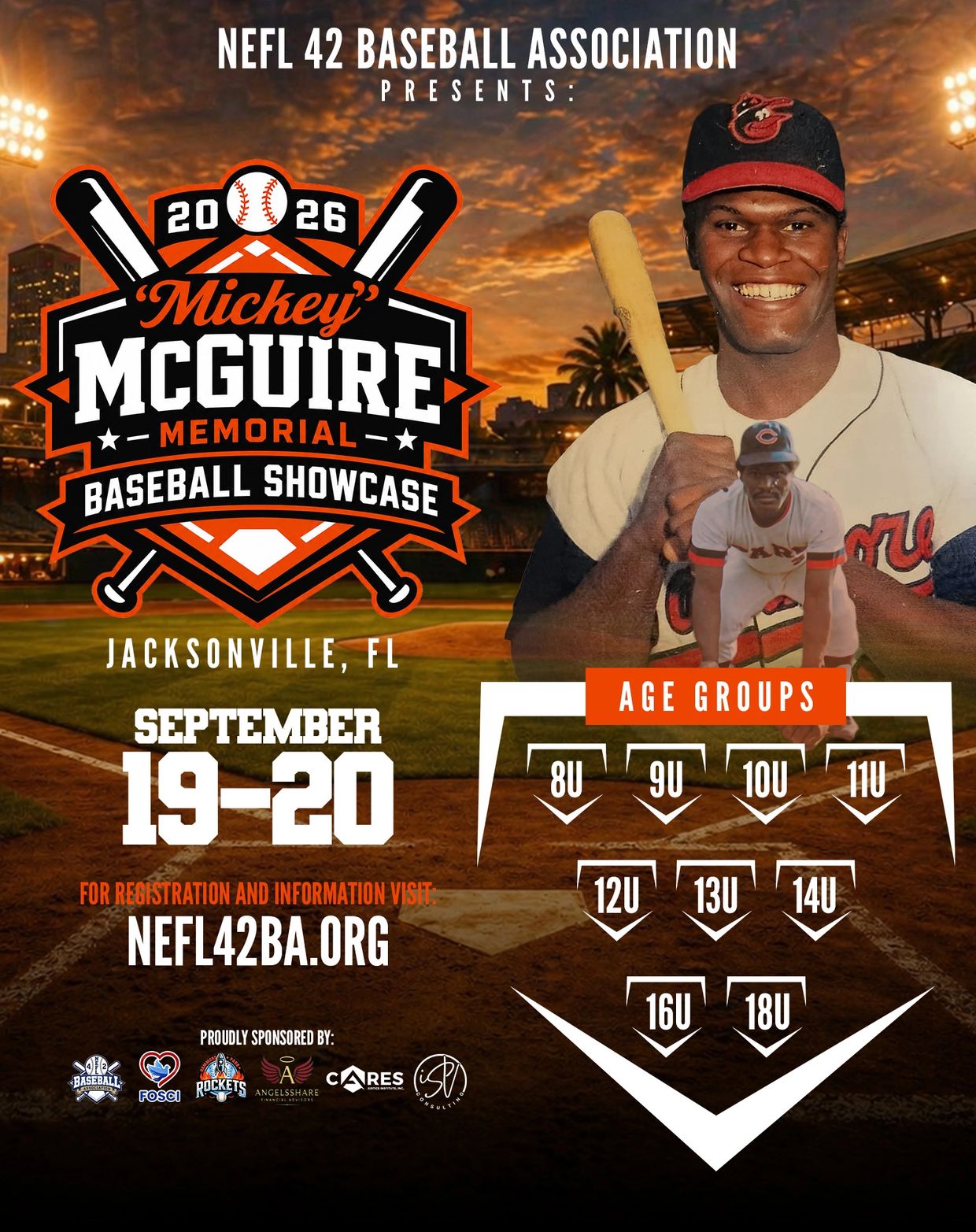 NEFL 42 Baseball Association presents the 2026 Mickey McGuire Memorial Baseball Showcase in Jacksonville, FL, September 19-20.