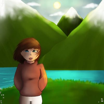Professional drawing of a woman  standing by a lake and mountains with her hair blowing in the wind