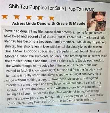 Linda Dano leaves a glowing review for Shih Tzu breeder Pup-Tzu WNC.