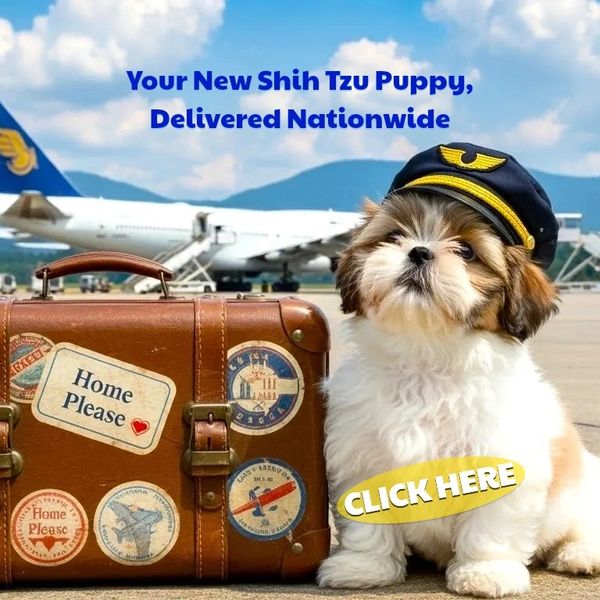 Shih Tzu puppy for sale with safe nationwide delivery. Puppy in pilot hat at airport.