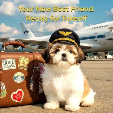Shih Tzu puppy in pilot hat ready for its safe, nationwide flight nanny delivery.