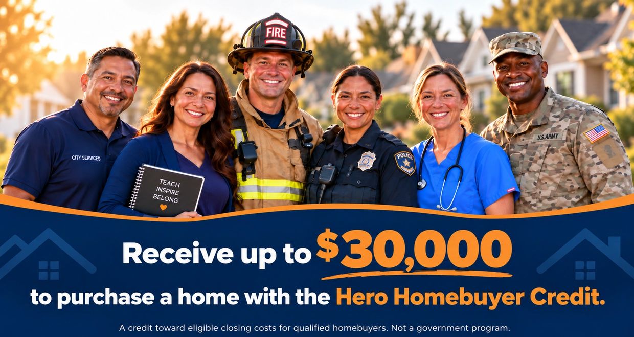 Group of diverse heroes promoting homebuyer credit.