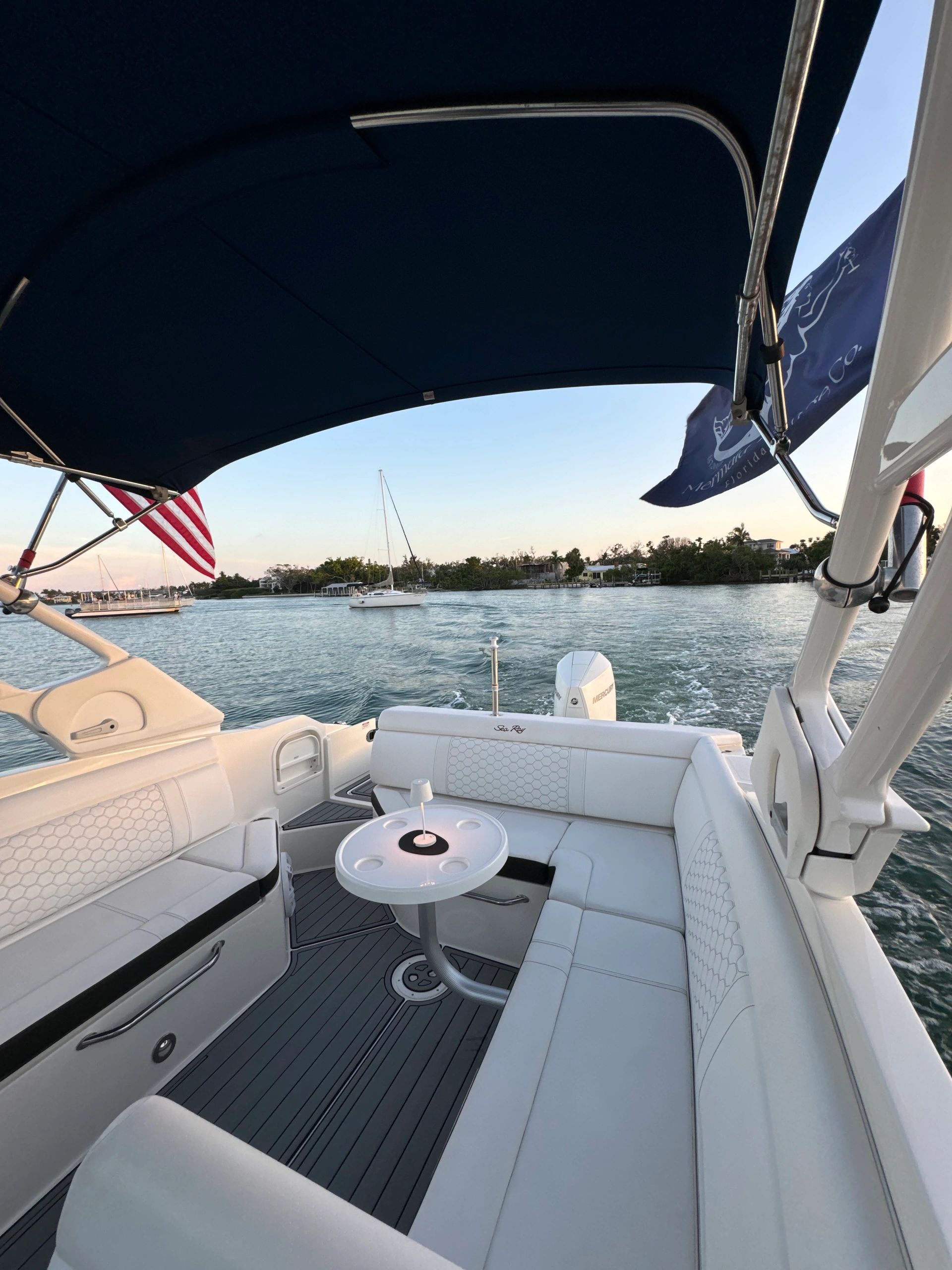 Interior view of a Sea Ray boat with seating and flags.