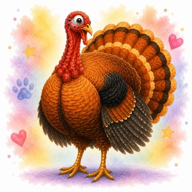 A cartoon turkey with colorful feathers.