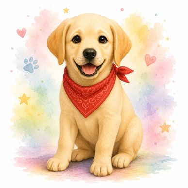 Cute puppy with red bandana and colorful background.