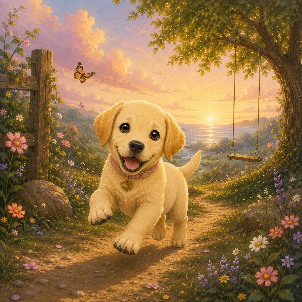Happy puppy named Willow running on a flower-lined path at sunset.