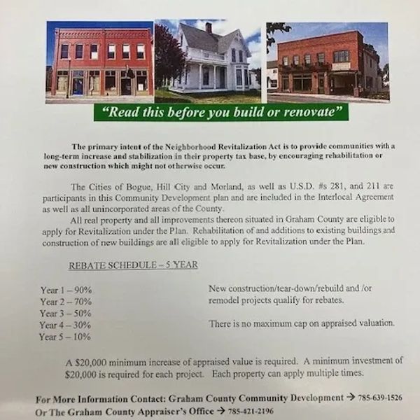 Informational flyer on Neighborhood Revitalization Act with rebate schedule and contact details.
