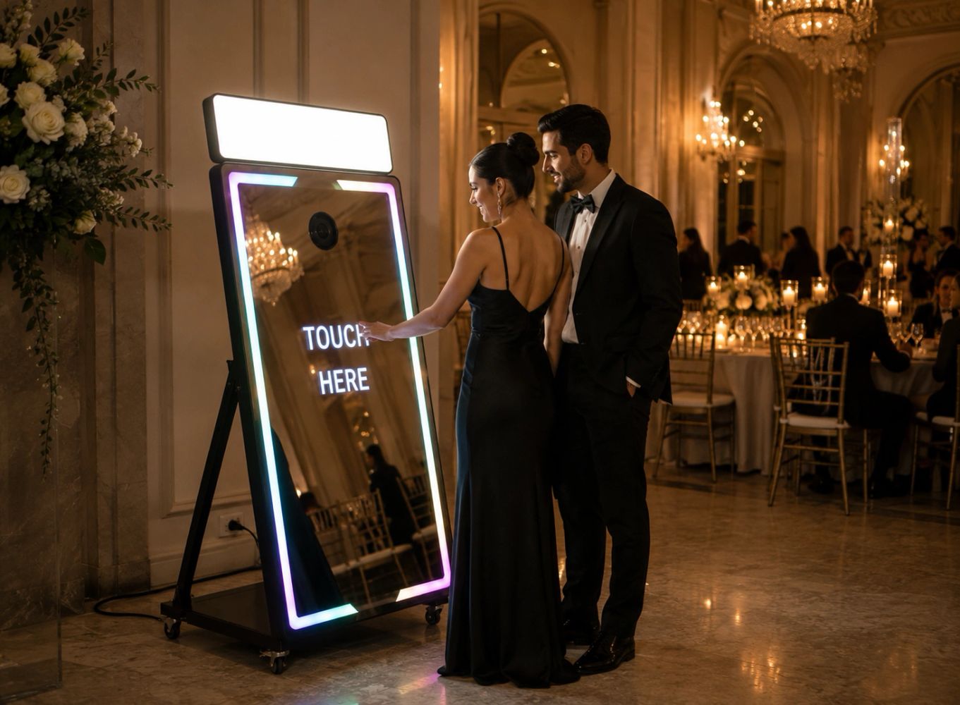 Couple in formal attire using a touchscreen mirror Photo Booth experience at an elegant event.