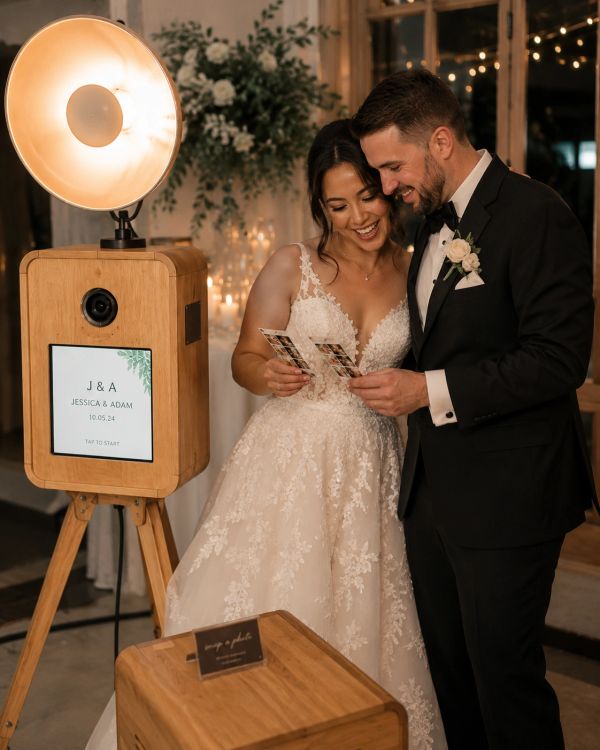 Bride and groom happily looking at photo strips from a photo booth at their wedding.