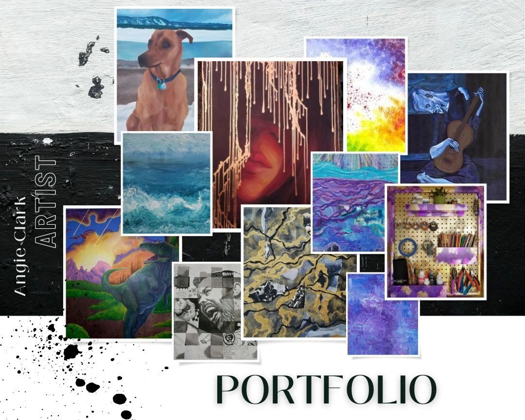 Artist's portfolio collage for Angie Clark, founder of Art On Creative