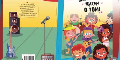 Colorful kids band playing music with instruments and microphone on stage.