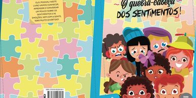 Capa de livro infantil colorida com quebra-cabeça de sentimentos e crianças diversas.