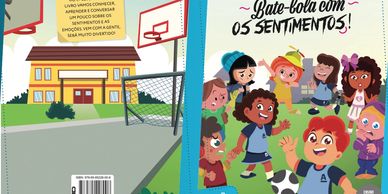 Children playing soccer and expressing emotions on a colorful book cover.