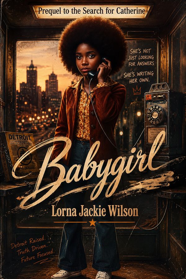 A young woman in 70s attire uses a phone booth in a city at dusk, titled Babygirl.
