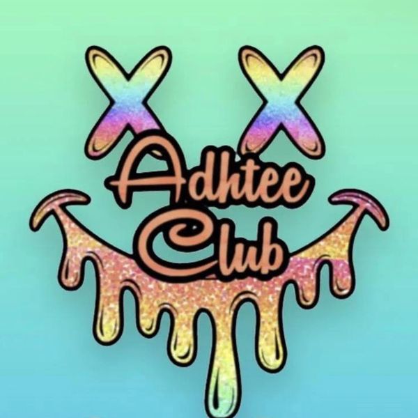 Colorful Adhitee Club logo with drippy smile and X eyes.