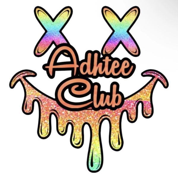 Colorful dripping smiley face with rainbow X eyes and 'Adhtee Club' text.