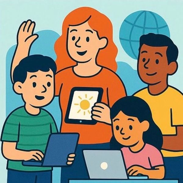 A group of diverse kids using tablets and laptops, smiling and learning together.