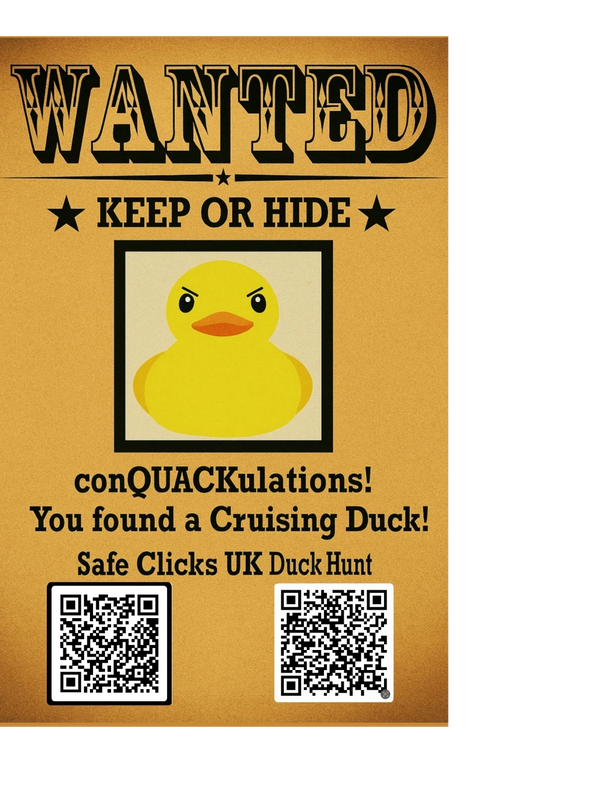 Funny wanted poster featuring an angry rubber duck and QR codes for a UK duck hunt.
