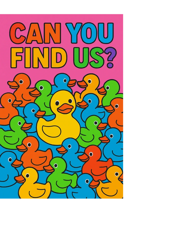 Colorful rubber ducks with one large yellow duck among them.