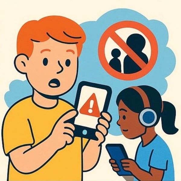 Two kids using devices with a warning about avoiding strangers symbol.