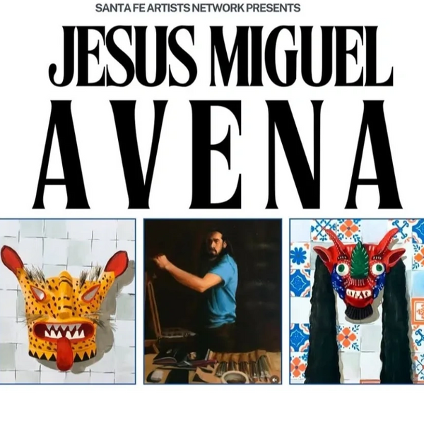 Art exhibition by Jesus Miguel Avena featuring colorful masks and the artist at work.