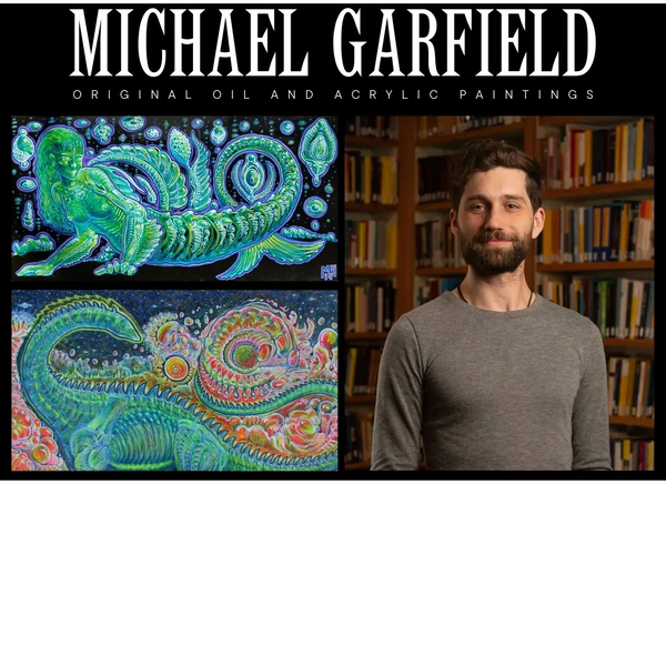 Artist Michael Garfield with his colorful, surreal oil and acrylic paintings of fantastical creatures.