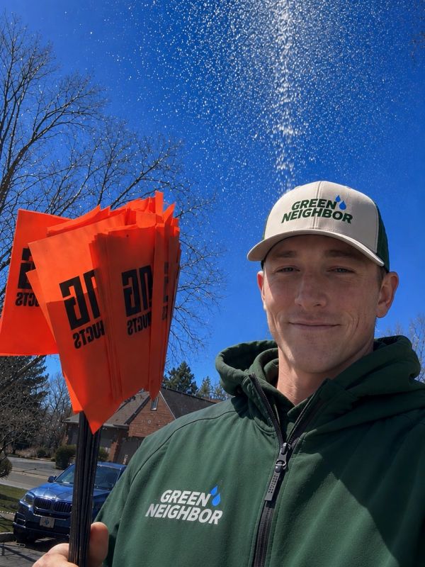 Man in Green Neighbor uniform smiling with orange flags.