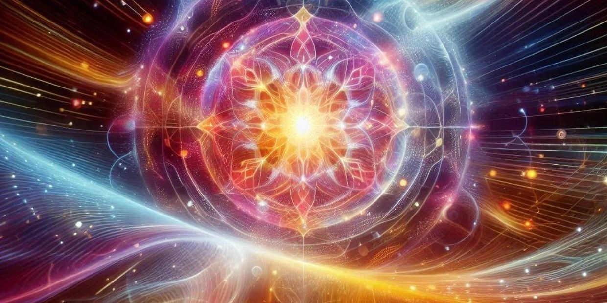 A glowing, intricate cosmic mandala with vibrant colors and swirling light patterns.