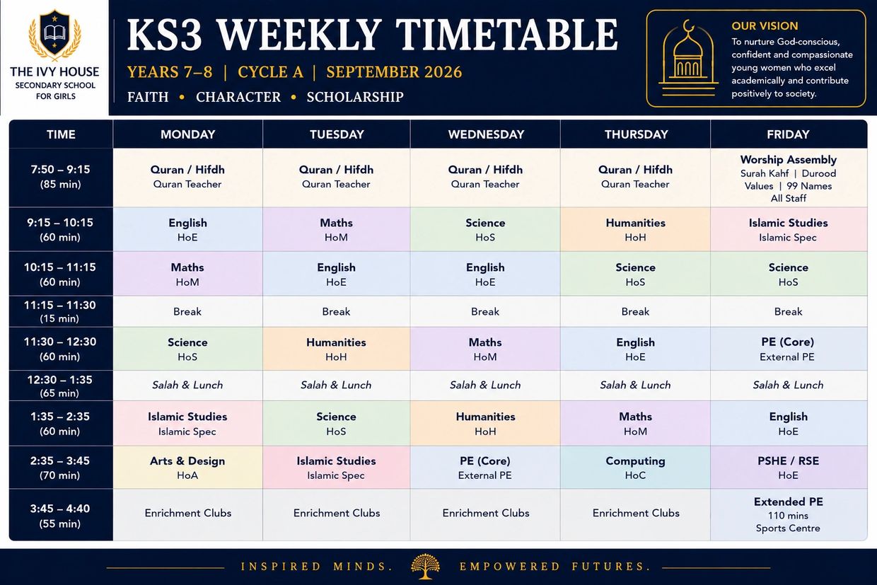 KS3 weekly timetable for years 7-8 at The Ivy House Secondary School for Girls, Cycle A, September 2026.