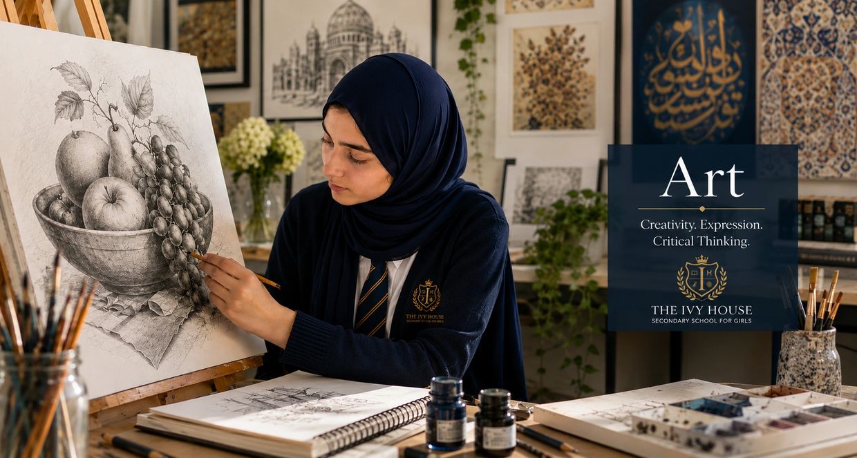Girl in hijab drawing still life in art class.