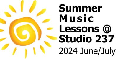 Bright sun graphic with summer music lessons text for June/July 2024.