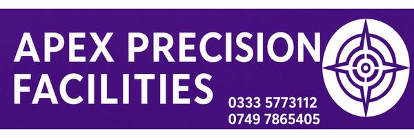 Sign for Apex Precision Facilities with contact numbers and a target logo on purple background.