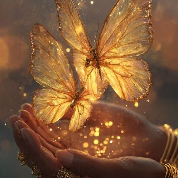 Golden butterflies glowing above hands in warm light.