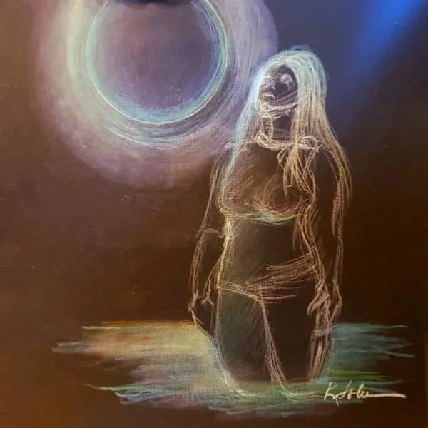 Sketch of a woman standing in water under a bright circular light.