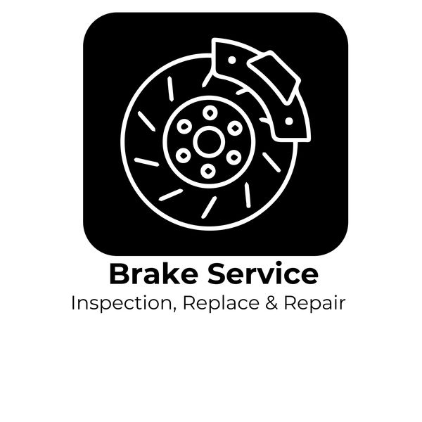 Brake service icon with rotor and caliper, offering inspection, replacement, and repair.
