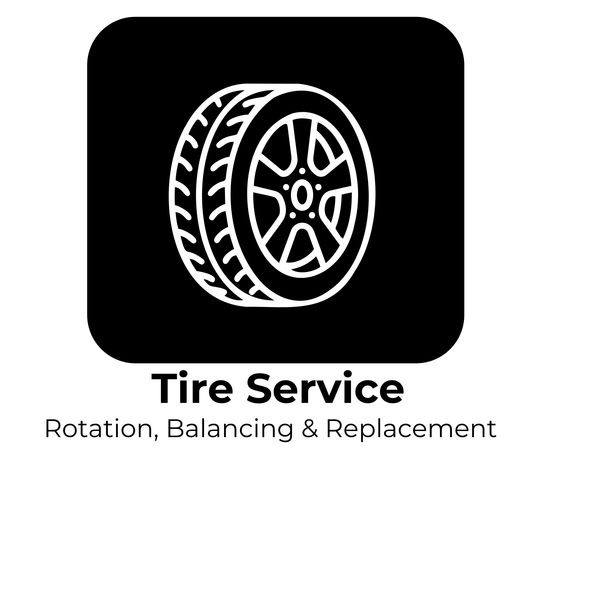 Icon of a car tire with text about tire services.