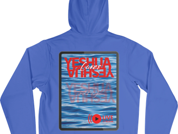 Blue hoodie with a water-themed graphic and the text "YESHUA" and "Live Stream".