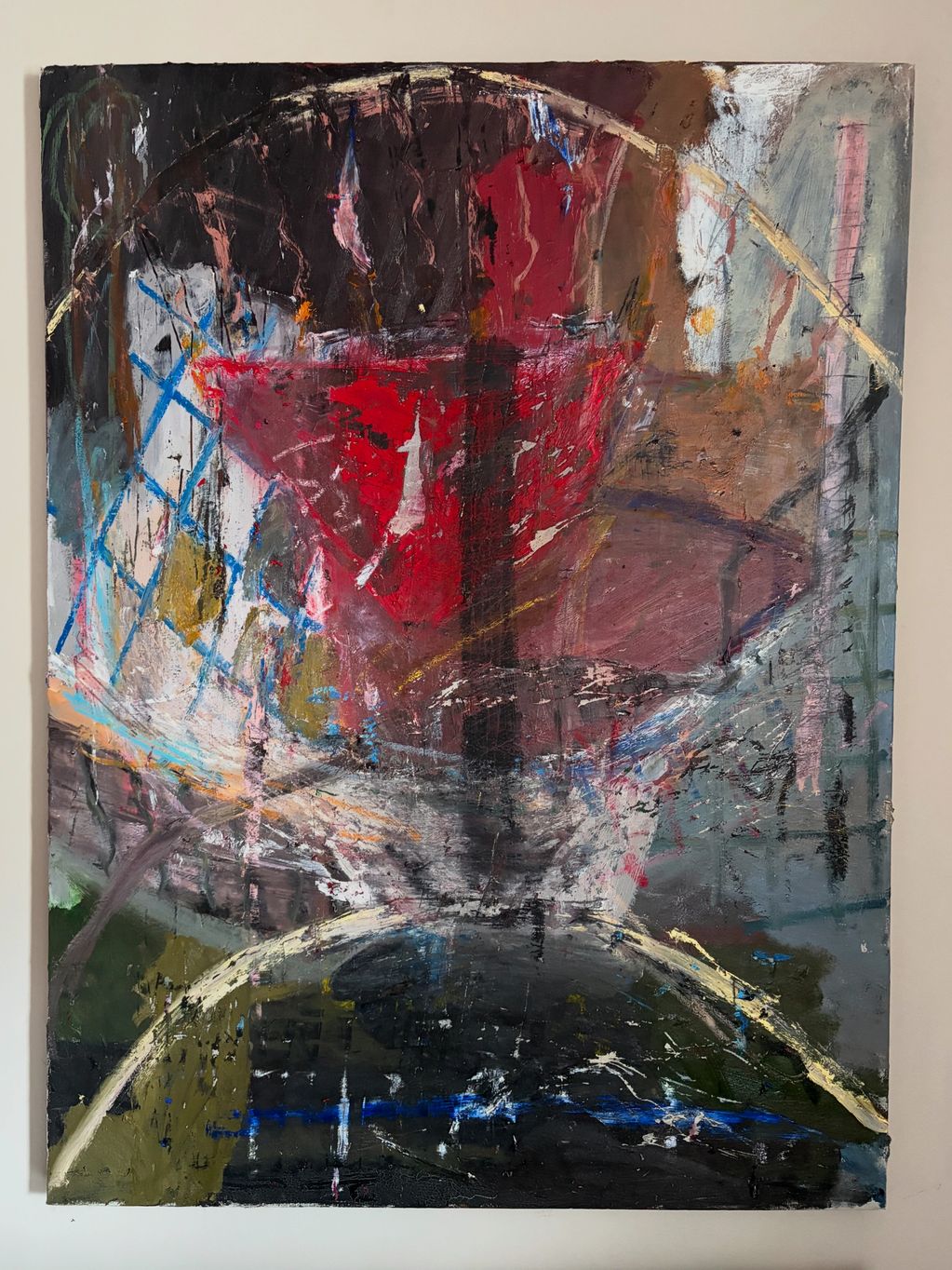 Abstract painting with bold colors and dynamic brushstrokes.